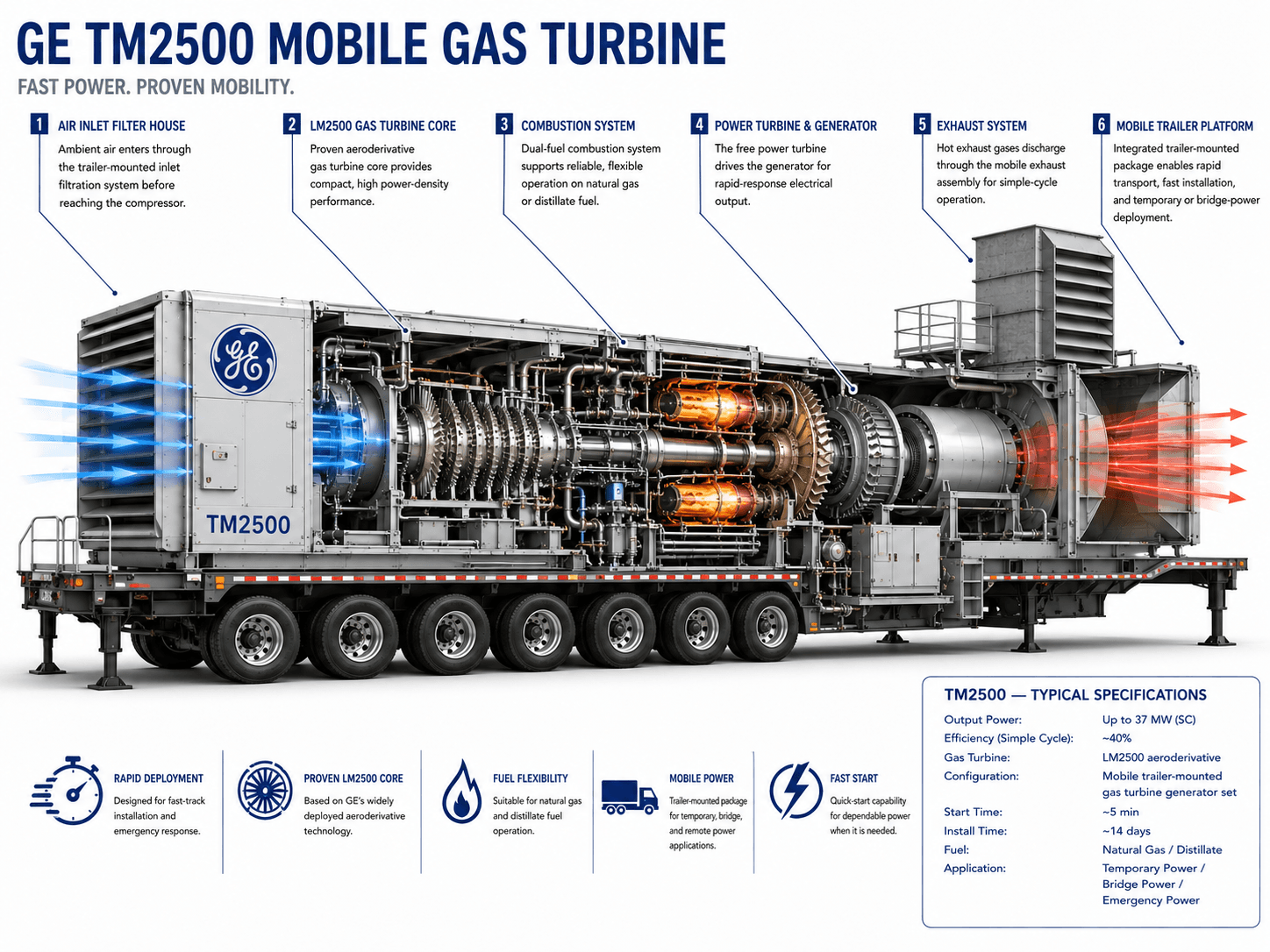 Cutaway of a GE TM2500 mobile gas turbine on a trailer, showing the air inlet filter house, LM2500 aeroderivative core, combustion system, power turbine and generator, exhaust system, and mobile trailer platform.